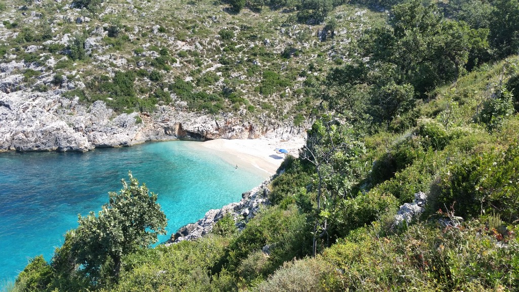Luxury speedboat parked in private cove Saint Andreas Bay near Dhërmi